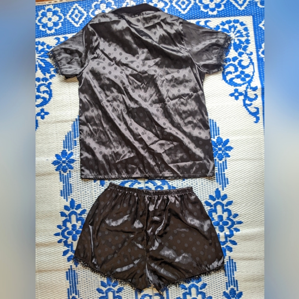 Silky Satin Black Polka Dot Short Sleeve Button Up and Shorts Set with Lace Trim - Picture 8 of 8